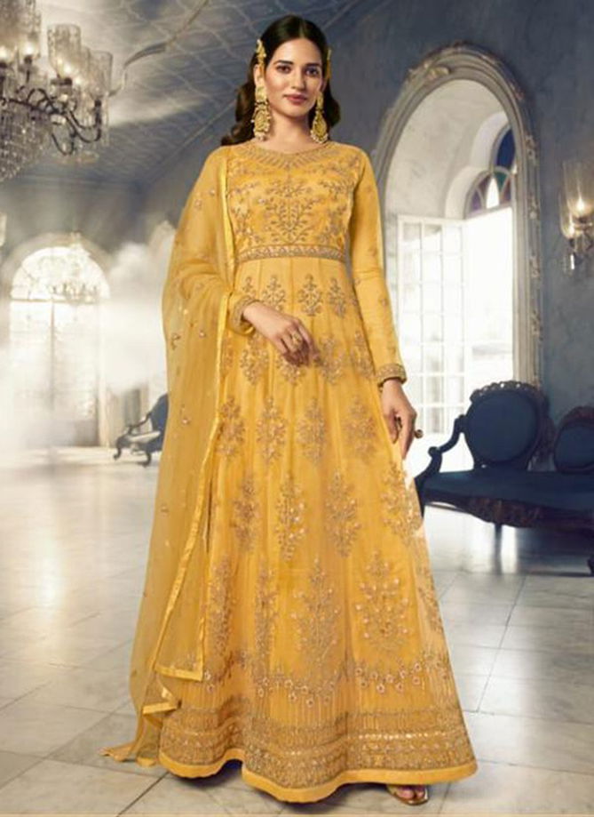 Yellow Colour Swagat Voilet New Latest Designer Party Wear Butterfly Net Long Anarkali Suit Collection 5408